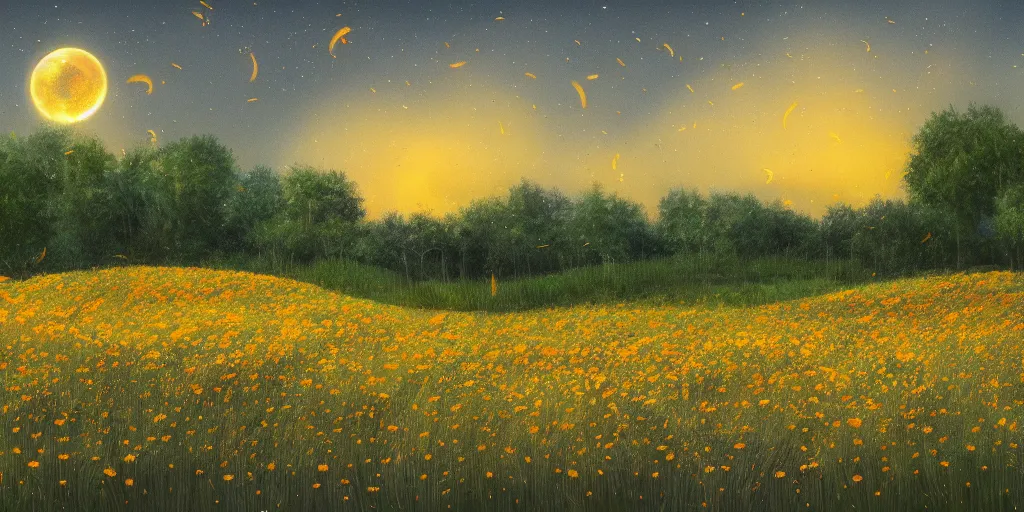 Image similar to a beautiful field of various flowers and fireflies, night, landscape, cozy