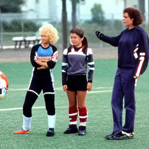 Image similar to robocop 1 9 8 4 coaching a girls'soccer team