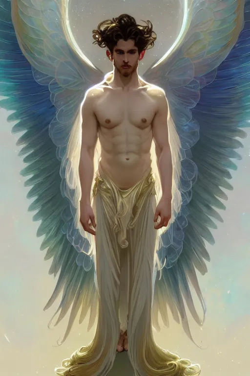 Image similar to full figure beautiful young fit male angel with curly blond hairs, dressed with fluent clothes, majestic wings, luminous halo, by greg rutkowski and alphonse mucha, d & d character, gradient white to gold, in front of an iridescent background, highly detailed portrait, digital painting, artstation, concept art, smooth, sharp focus illustration, artstation hq
