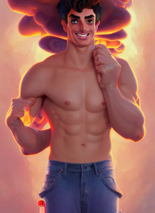 Image similar to cute chris mears firefighter, natural lighting, path traced, highly detailed, high quality, digital painting, by don bluth and ross tran and studio ghibli and alphonse mucha, artgerm