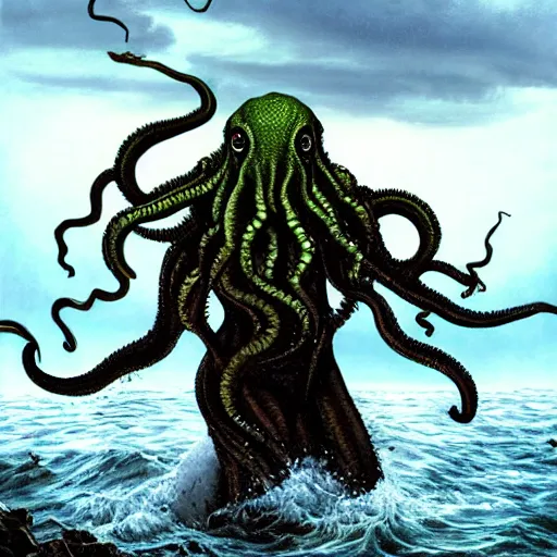 Prompt: Hyper Realistic picture of a humanoid Cthulhu standing over the ocean with thundering clouds behind him