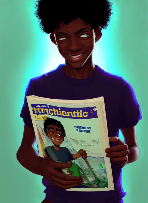 Image similar to portrait of teenage chuck clayton, black teenage boy, very short curly hair, very short hair, square jaw, slight excited smile, reading archie comic book, intricate, elegant, glowing lights, highly detailed, digital painting, artstation, concept art, smooth, sharp focus, illustration, art by wlop, mars ravelo and greg rutkowski