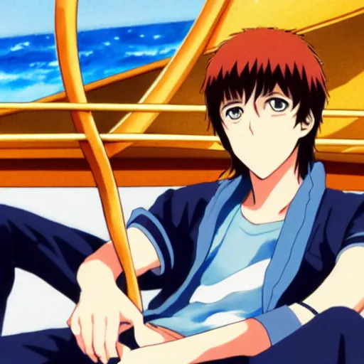 Image similar to anime illustration of young Paul McCartney from the Beatles, wearing a blue and white check shirt and watch, relaxing on a yacht at sea, ufotable