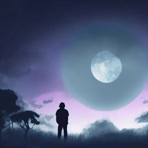 Image similar to silhouette of a man looking at an epic night sky with 3 moons and lots of stars, digital painting, concept art, cinematic