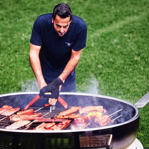 Image similar to edu gaspar cooking on a giant barbeque in 4 k photo