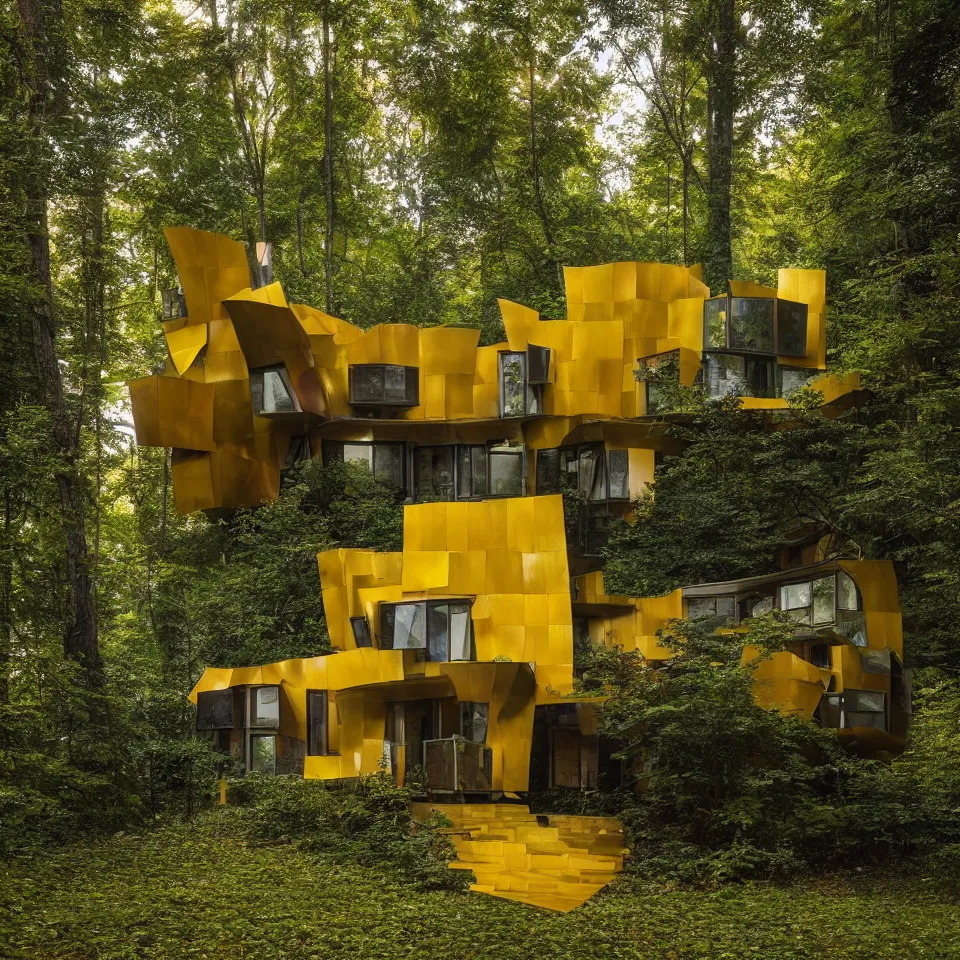 Image similar to a small flat house in the forest, designed by Frank Gehry. Big Tiles. Film grain, cinematic, yellow hue