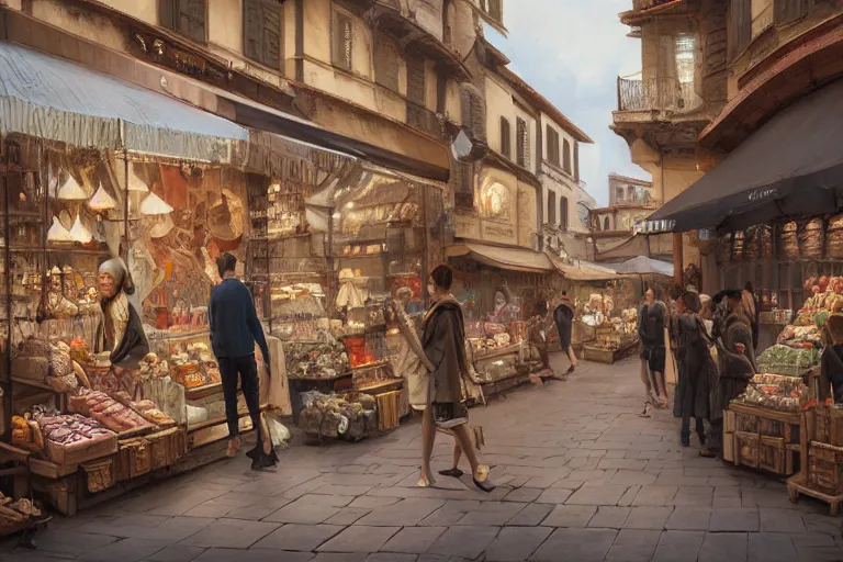 Prompt: seductive hoyeon jung shopping at ancient renaissance florence street vendors, rule of thirds, serene, face anatomy, by wlop, peter mohrbacher, james jean, jakub rebelka, visually stunning, beautiful, masterpiece