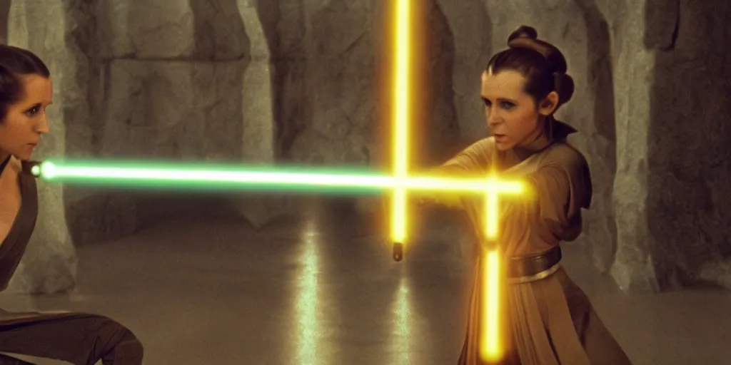 Image similar to screenshot of Princess Leia training to use a yellow lightsaber at a new Jedi Temple scene from The Force Awakens, 1970s film by Stanley Kubrick, serene, iconic scene, stunning cinematography, hyper detailed, sharp, anamorphic lenses, kodak color film, 4k