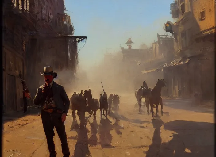 Image similar to oil painting of old rugged cowboy in wild west street, shooting revolver, shoot gun, gun smoke, art by anders zorn, wonderful masterpiece by greg rutkowski, beautiful cinematic light, american romanticism by greg manchess, reflections in copper, sunlight, dust and steam