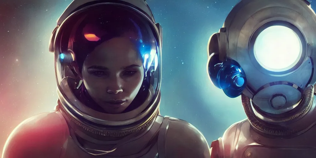 Image similar to Zoe Kravitz with short hair as a retrofuturistic astronaut, helmet with led lights, underwater in the ocean at night, clear water, volumetric lighting, glowing lights, 4k, octane, digital painting, artstation, concept art, cinematic film, sharp focus, illustration, art by artgerm and greg rutkowski and alphonse mucha , wide angle view,