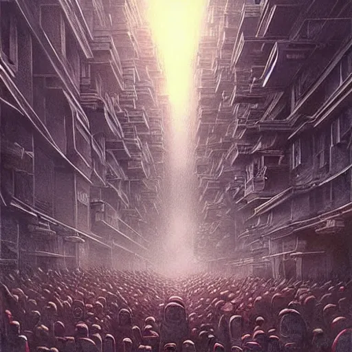 Image similar to It’s crowded on the streets of Russian commie blocks on the Moon city, Norilsk, sci-fi, fantasy, earth seen on the dark sky, intricate, very very beautiful, elegant, highly detailed composition, digital rendering, artstation, concept art, smooth, sharp focus, illustration, art by artgerm and greg rutkowski and alphonse mucha