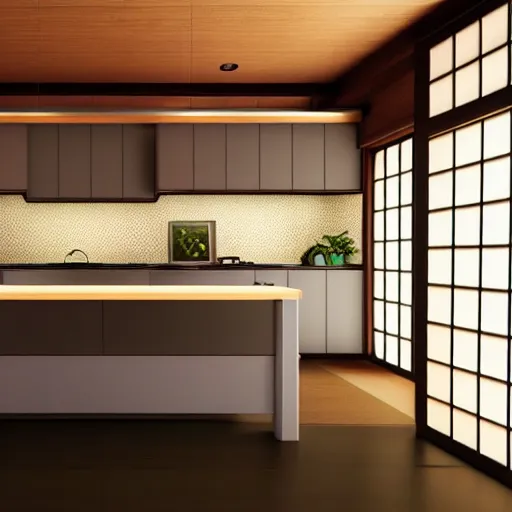 Prompt: still photo of a japanese kitchen, highly detailed, photorealistic portrait, bright studio setting, studio lighting, crisp quality and light reflections, unreal engine 5 quality render