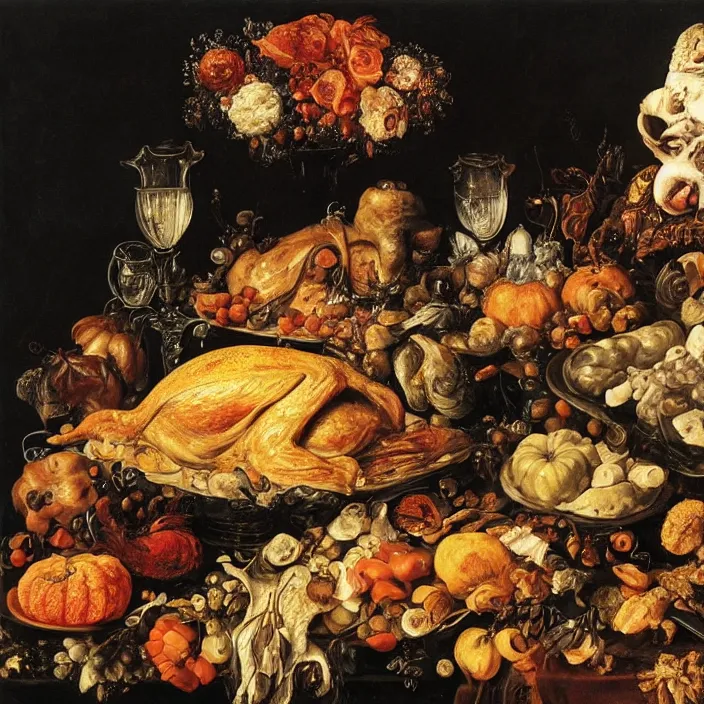 Prompt: victorian thanksgiving feast, black background, vanitas, a flemish baroque by jan davidsz. de heem, a still life by giuseppe arcimboldo, pinterest, rococo, hd, intricate high detail masterpiece