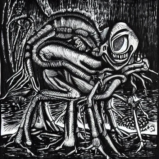 Prompt: a black and white drawing of a creepy creature, a woodcut by david wojnarowicz, deviantart, gothic art, made of insects, grotesque, demonic photograph