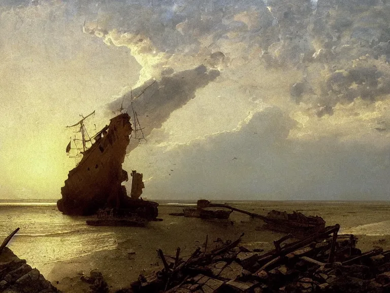 Prompt: an oil painting of a coastline at dawn, with an old shipwreck on a serene beach, beautiful sky by beksinski carl spitzweg and tuomas korpi. baroque elements, full-length view. baroque element. intricate artwork by caravaggio. Trending on artstation. 8k