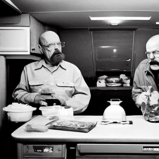 Image similar to still of walter white and stalin cooking meth, ziploc bags full of meth, interior of rv, b&w filter