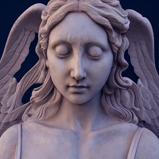 Prompt: artistic portrait of a female marble statue, crying, lament, wings, lens flare, atmosphere, glow, detailed, intricate, full of color, led lighting, trending on artstation, 4 k, hyperrealistic, 3 5 mm, focused, extreme details, unreal engine 5, masterpiece