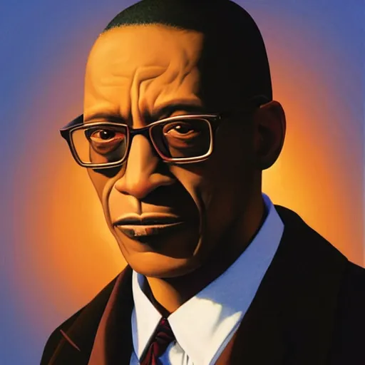 Image similar to Portrait of Gus fring by gerald brom, full body, light pink sunrise, calm atmosphere