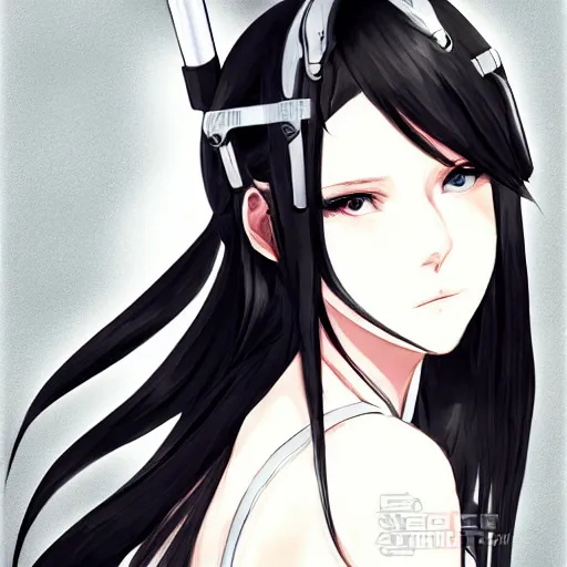 Image similar to upper body portrait of a beautiful girl with long black hair, wearing black riot gear, holding AR-15, drawn by WLOP, by Avetetsuya Studios, attractive character, colored sketch anime manga panel, trending on Artstation