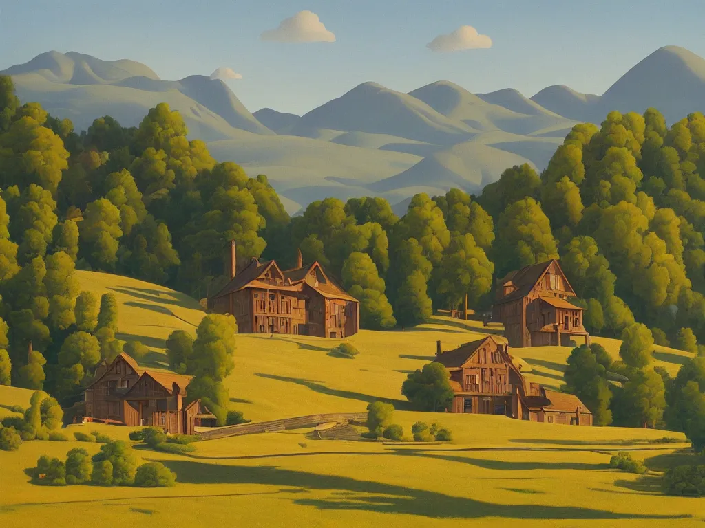 Image similar to a wooden manor on a hill in the countryside, golden hour, summer, painting by kenton nelson