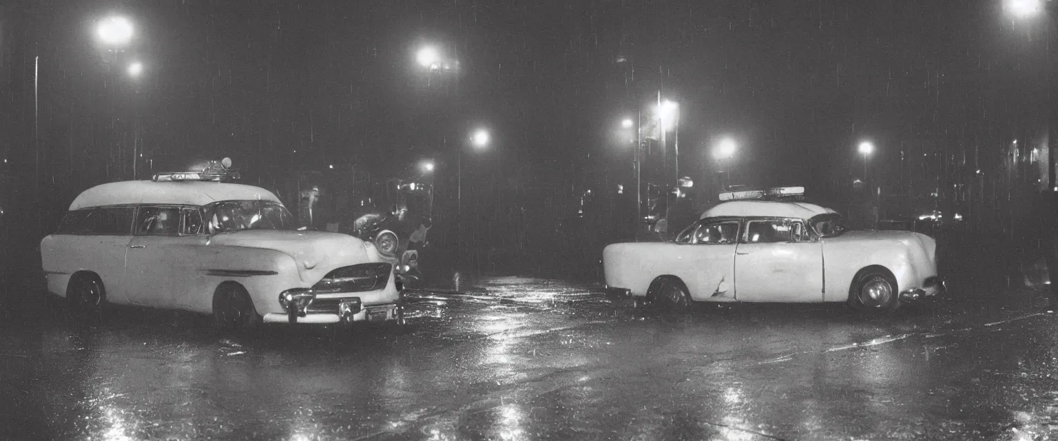 Prompt: weegee style photograph highly detailed of a 1 9 5 5 police car in the rain at night lit by street lamps and headlights. a uniformed policeman circa 1 9 5 0 stands over a white body bag