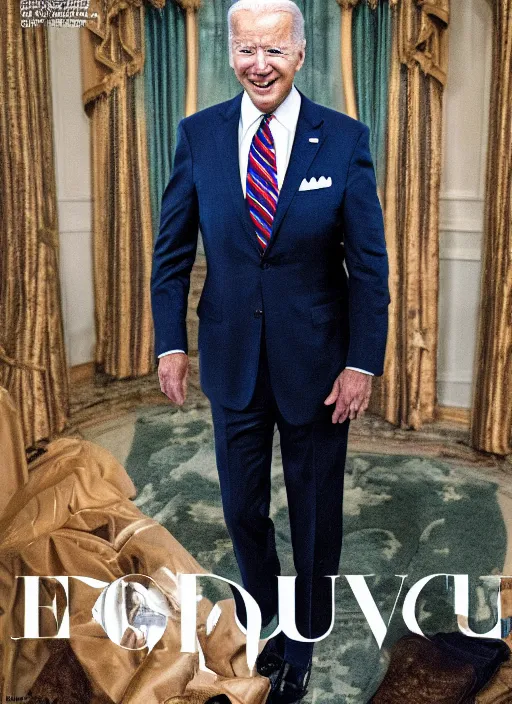 Image similar to biden as thrump, full body shot, set pieces, intricate set, vogue magazine, canon, highly realistic. high resolution. highly detailed. dramatic. 8 k. 4 k.