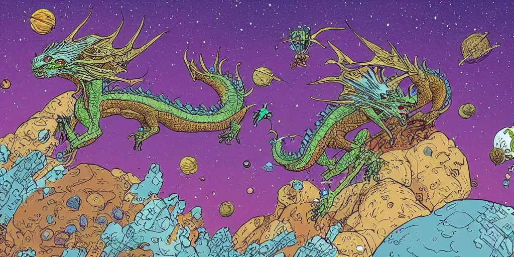 Prompt: an alien dragon flying in outer space, style of Geof Darrow