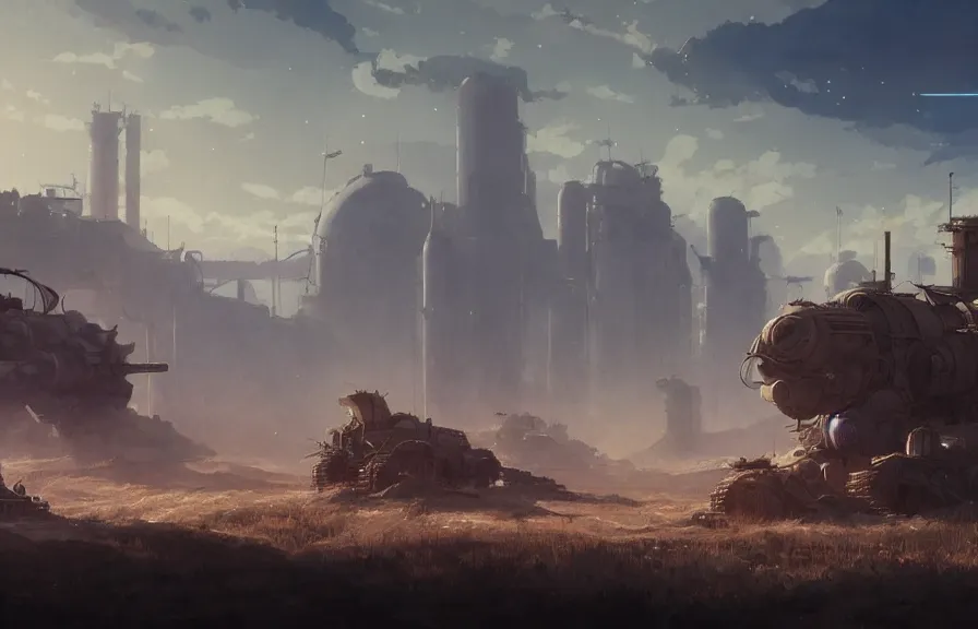 Image similar to concept art of a dusty field with ruined dieselpunk orcish tanks and smoking craters in the background, key visual, ambient lighting, highly detailed, digital painting, artstation, concept art, sharp focus, by makoto shinkai and akihiko yoshida and hidari and wlop