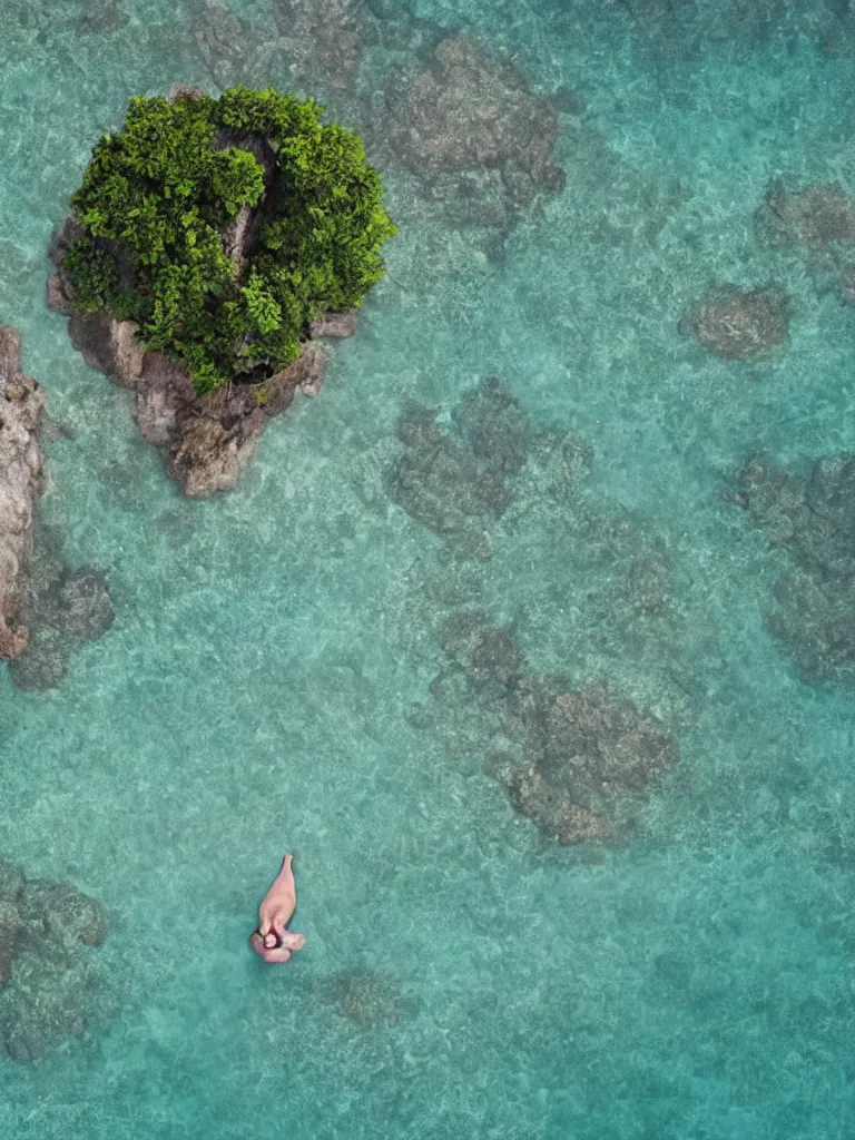 Prompt: person on a island shot from overhead by disney concept artists, blunt borders, rule of thirds