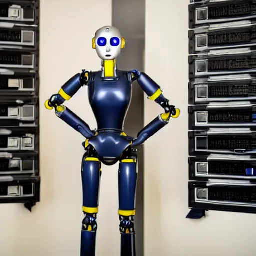 Prompt: Attractive female robot guarding a wall of computers