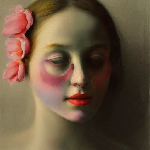 Image similar to close up of a girl morphing into flowers, soft watercolor by gottfried helnwein, by hammershøi, art noveau, highly detailed, lights by edward hopper, liminal, eerie, pastel colors, limited palette