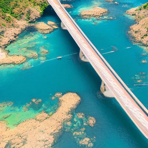 Image similar to single lane bridges winding over wide ocean of bright blue water, birds eye view