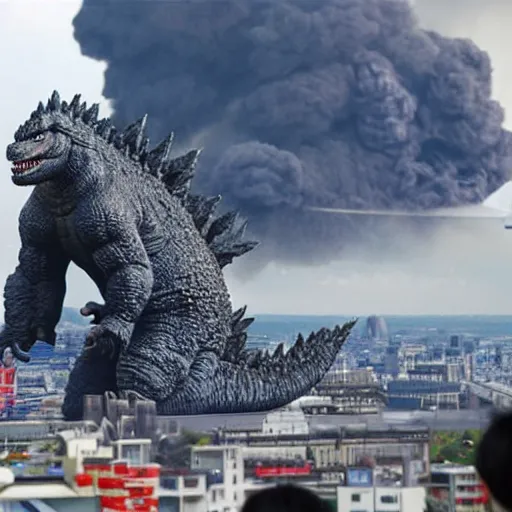 Image similar to godzilla eating a piece of cake. in the background tokyo city on fire