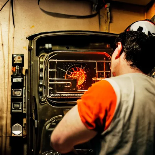 Image similar to technician repairing head of toaster oven mecha, dark messy smoke - filled cluttered workshop, dark, dramatic lighting, orange tint, cinematic, highly detailed, sci - fi, futuristic, movie still