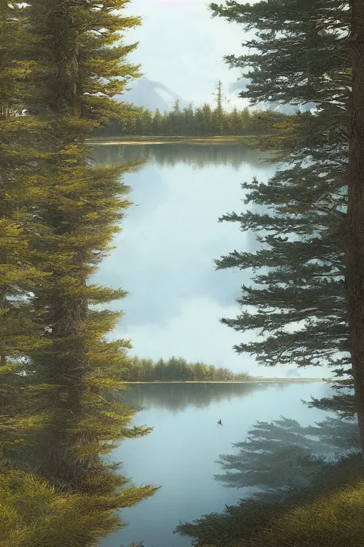 Prompt: digital matte landscape of pine trees reflecting on the lake by james gurney and greg rutkowski, artstation