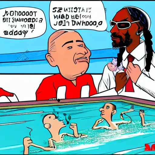 Image similar to Andrzej Duda smoking a joint with Snoop Dogg in the swimming pool,Cartoon style