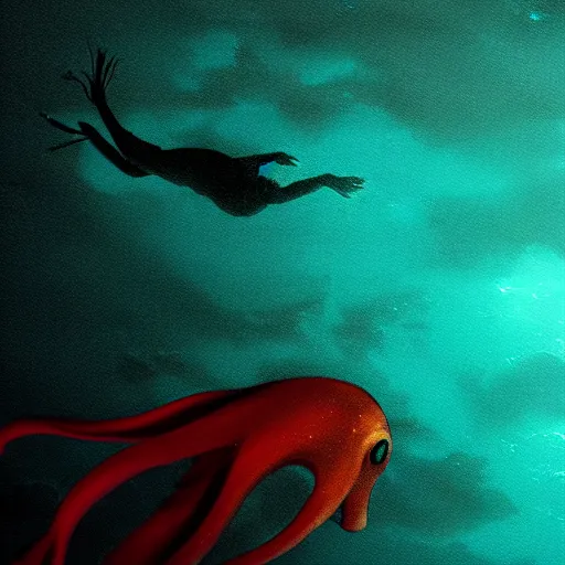 Prompt: michael phelps swimming away from a turquoise squid in the pacific ocean, closeup, portrait, moonlit, dark, ominous, illustration, volumetric light, highly detailed