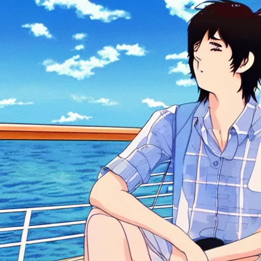 Prompt: anime illustration of young Paul McCartney from the Beatles, wearing a blue and white check shirt and watch, relaxing on a yacht at sea, screenshot from Your Name (2016)