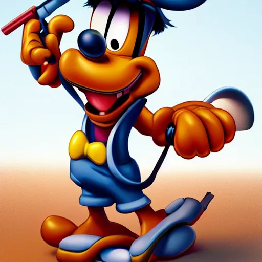 Image similar to Photorealistic Goofy holding a machine gun, Hyperdetailed, 108 megapixels, artstation concept art