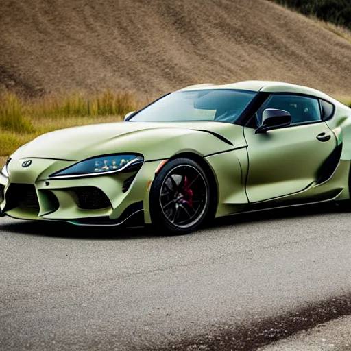 Image similar to Matte olive green Toyota Supra mk5 on highway, hyper realistic, car photography, 8k,