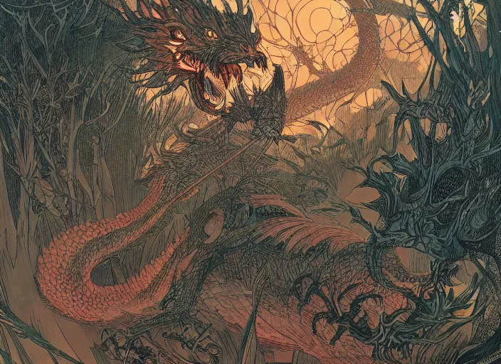 Prompt: prowling dragon, a wyvern lurking in a dark swamp, by victo ngai and rebecca guay, detailed fantasy illustration, crisp, trending on artstation