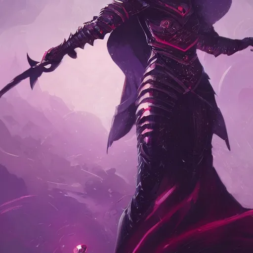 Image similar to masterpiece digital painting of a woman knight, visible face, heavy black obsidian armor, chaotic ruby inlays, large cape, by kev walker and greg rutkowski, atmospheric fog effects background, purple sparkles, artstation, deviantart, full body view, cinematic lights