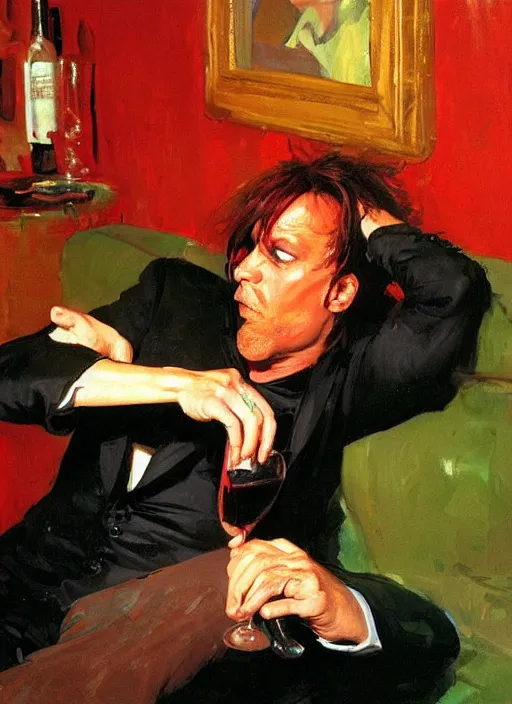 Prompt: glam rocker drinking brutal and raw wine with his friends, inside a green room with red lights by joaquin sorolla, phil hale