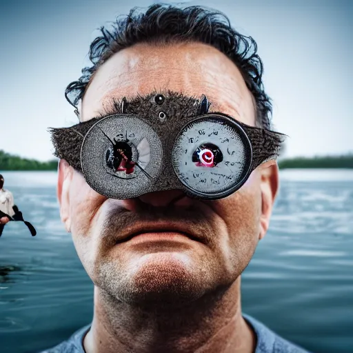 Prompt: man's face with clocks covering his eyes, looking at the camera walking near lake with crocodiles, high detail, soft lighting, intricate, 8 k