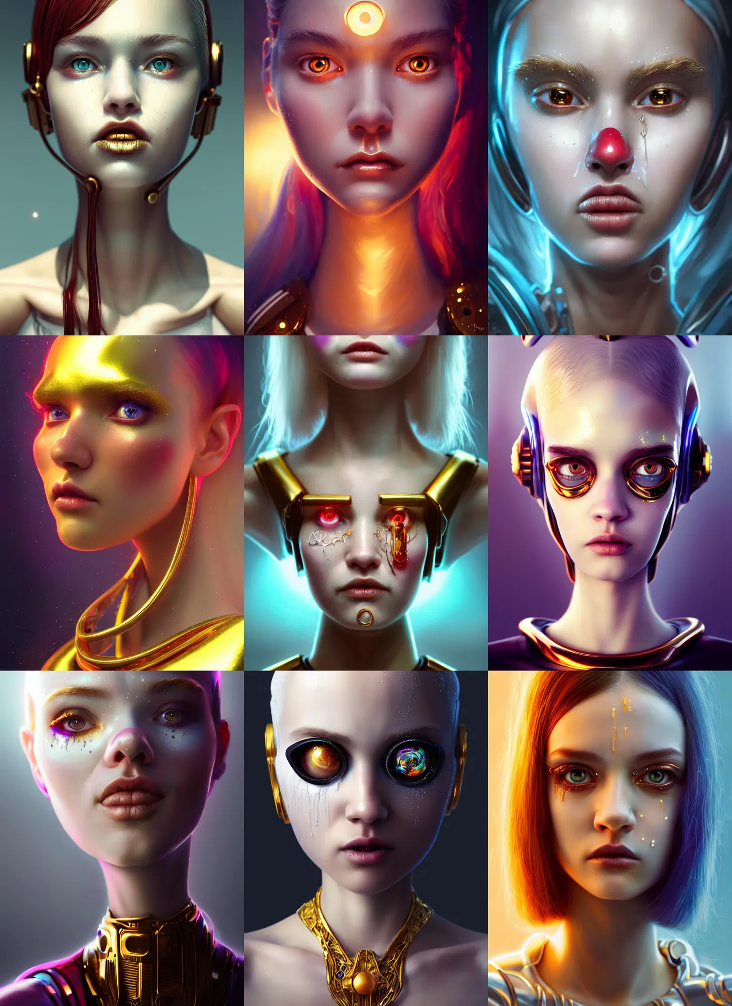 Prompt: pixar portrait 8 k photo, beautiful shiny white porcelain rich galactic wet clowncore russian cyborg college girl, jewelry, golden ratio, sci - fi, fantasy, cyberpunk, intricate, decadent, highly detailed, digital painting, octane render, artstation, concept art, smooth, sharp focus, illustration, art by artgerm, loish, wlop