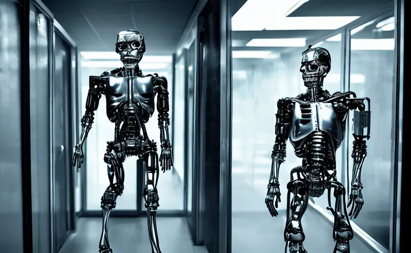 Image similar to terminator without flesh, staying in front of data center room. extreme long shot, high detail, cinematic colors