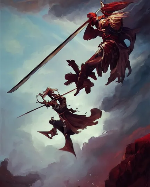 Image similar to action portrait of a knight fighting with swords and magic, 4K trending on artstation by peter mohrbacher and esao andrews