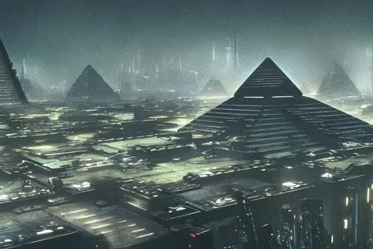 Image similar to Tyrell corporation pyramids, Blade runner, very detailed, photo-realistic, by Ridley Scott and Douglas Trumbull