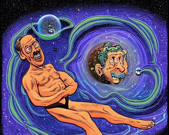 Prompt: steve buscemi swimming in a galaxy, cosmic horror painting, elegant intricate digital painting artstation concept art by basil wolverton by robert crumb by william eggleston detailed