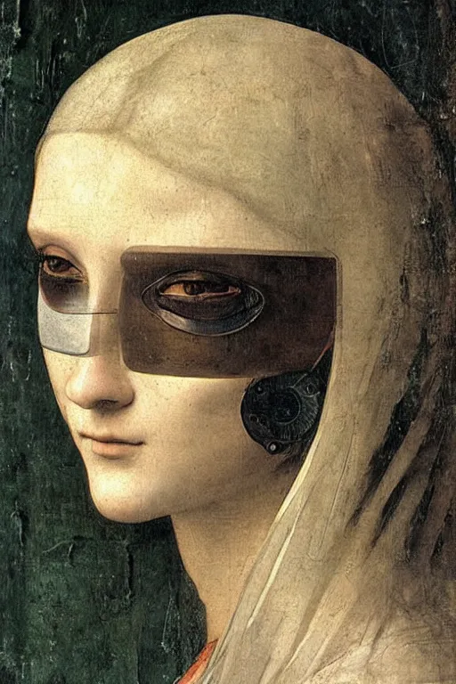 Image similar to a close - up portrait of a cyberpunk cyborg girl, by leonardo davinci, rule of thirds